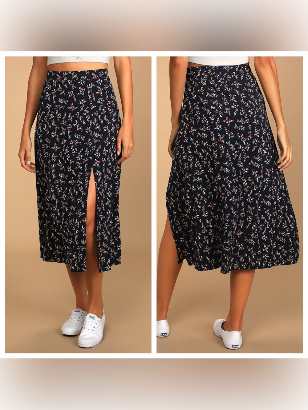 Lulus Bliss Me Navy Blue Floral Print Midi Skirt